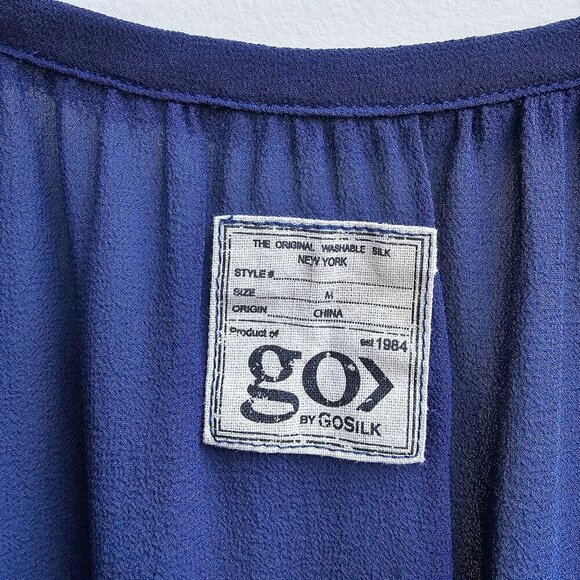 Go By GoSilk Blue Silk Long Sleeve Blouse With Drawstring Neckline, Size Medium - Picture 4 of 11